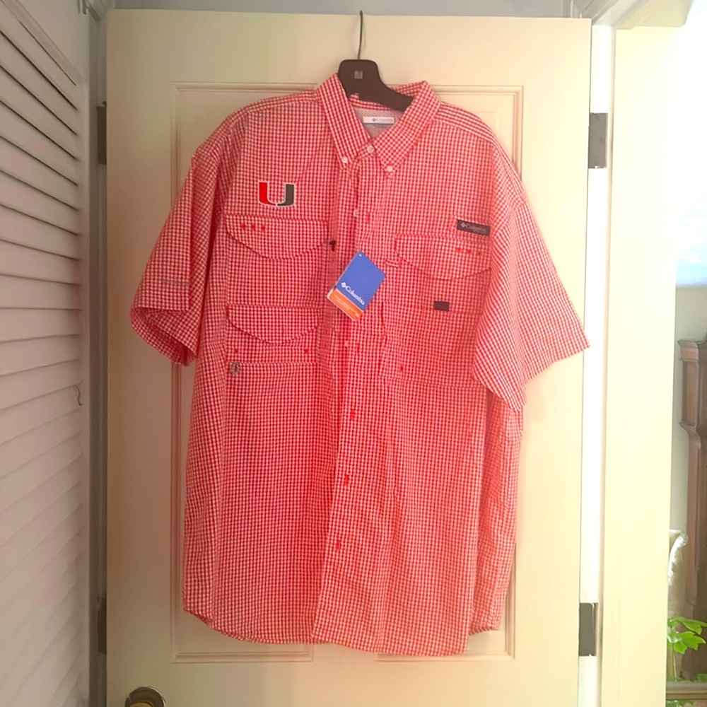 Men’s orange and white checked shirt. university of Miami logo